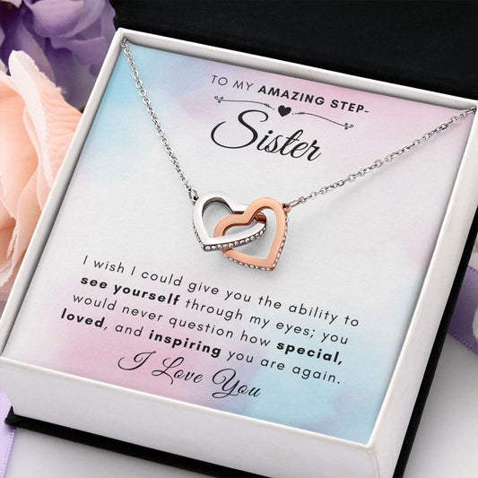 To My Amazing Step-Sister - You Are Inspiring | Trendy Rose Gold/Steel OR 18k Gold Interlocking Hearts Necklace - Soul Spoken Gifts